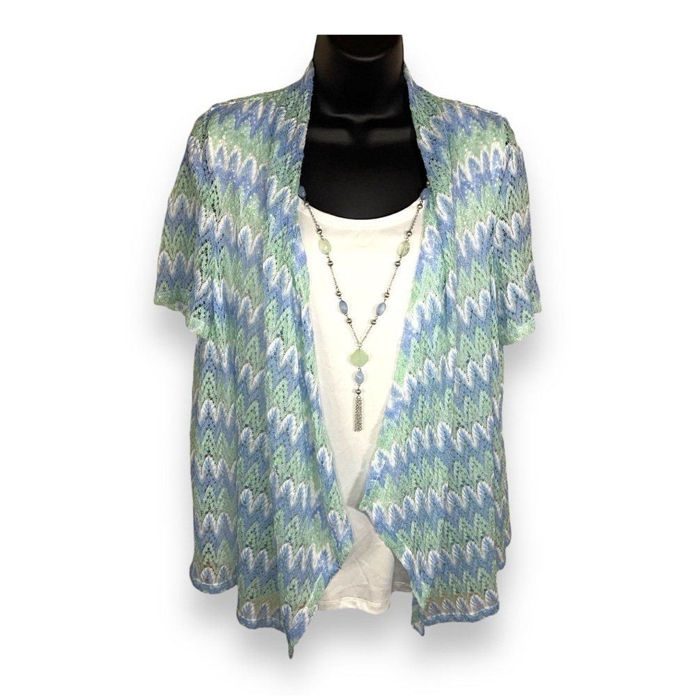 LARGE ALFRED DUNNER SHRUG BLOUSE SET NECKLACE ACCENT TEAL BLUE GREEN LACE OUTER